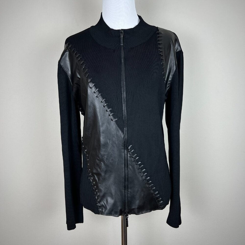 Yuka Sweater Jacket Womens Large Black Faux Leather Ribbed‎ Knit Zip Whip Stitch